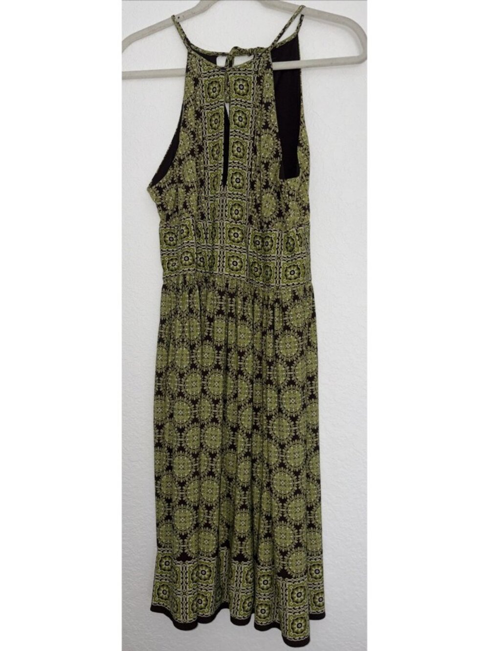 London Times Green & Dk. Brown Pattern Print Summer Sleeveless Knit Dress Sz.8